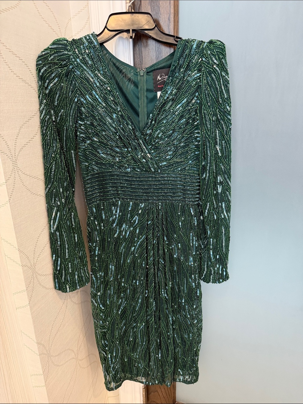 Mac Duggal Emerald Green Beaded V-Neck Cocktail Dress